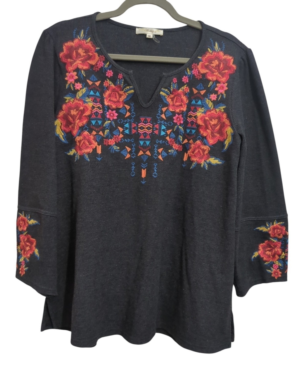 ANDREE BY UNIT Black Tunic with Red Floral Embroidery